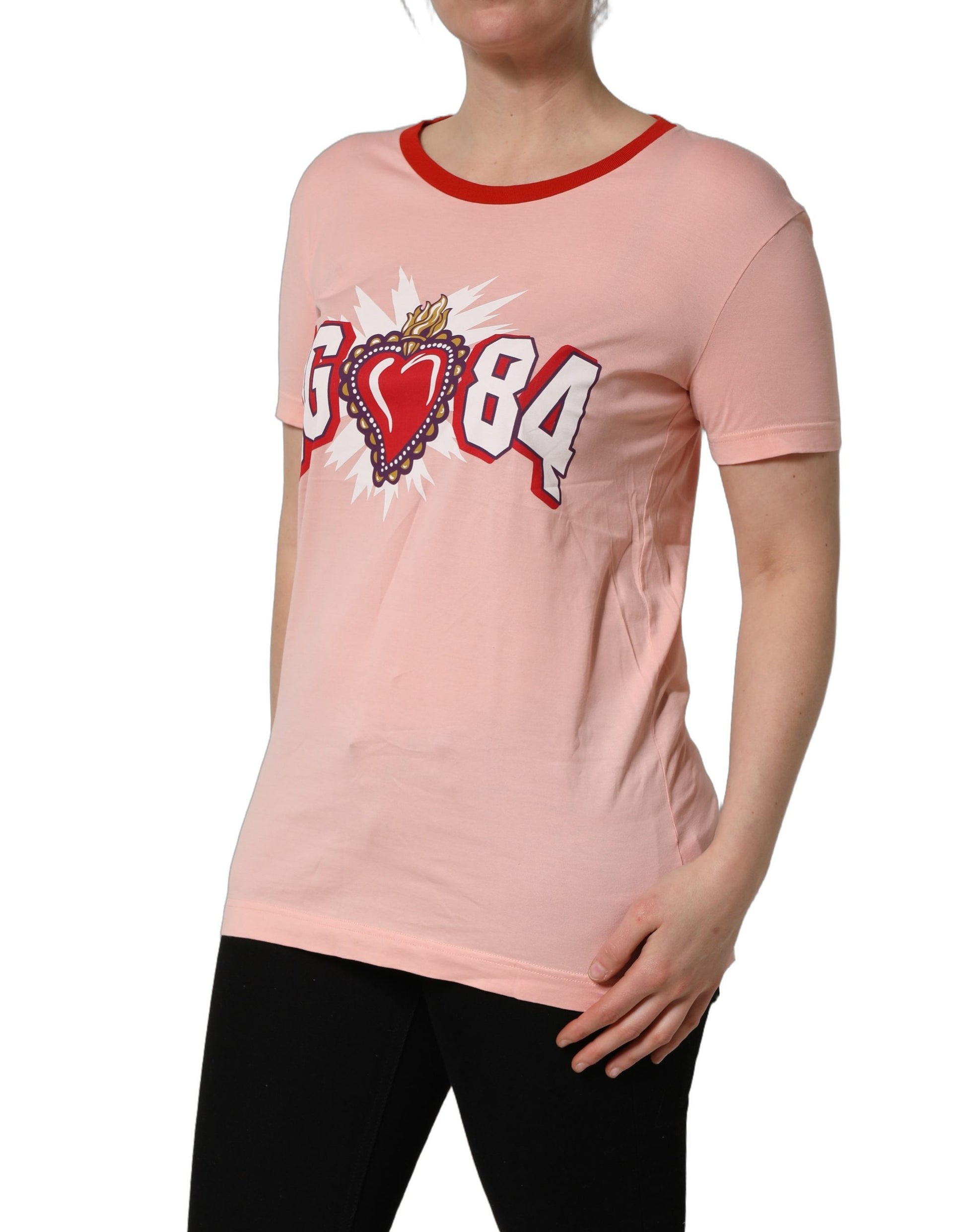 Pink graphic print cotton crew neck t-shirt with heart and number design