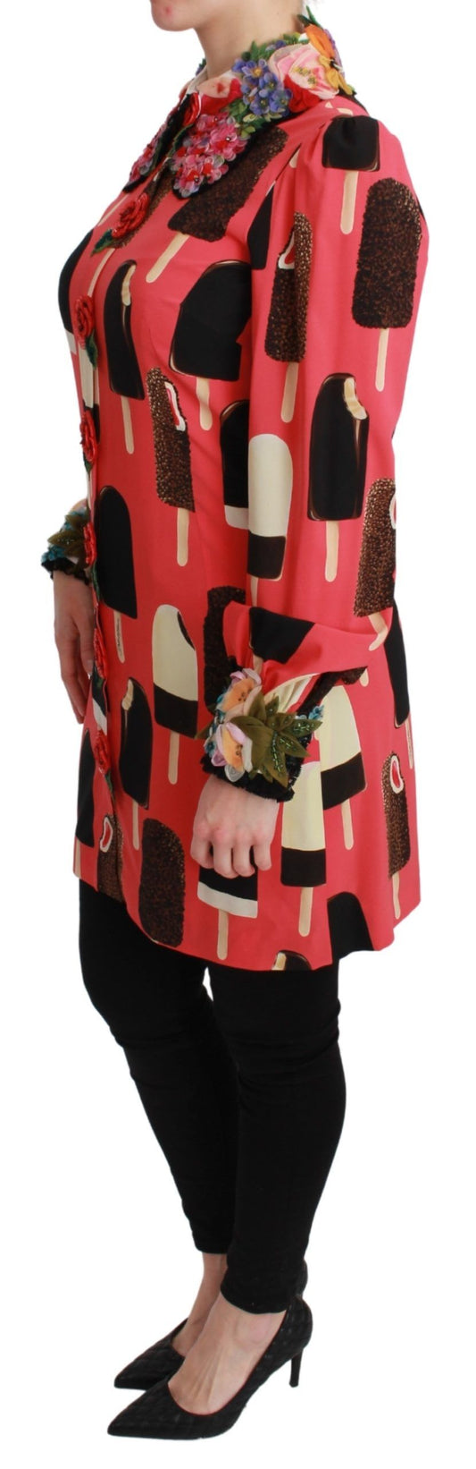 A woman wearing a pink sequined dress with ice cream roses design