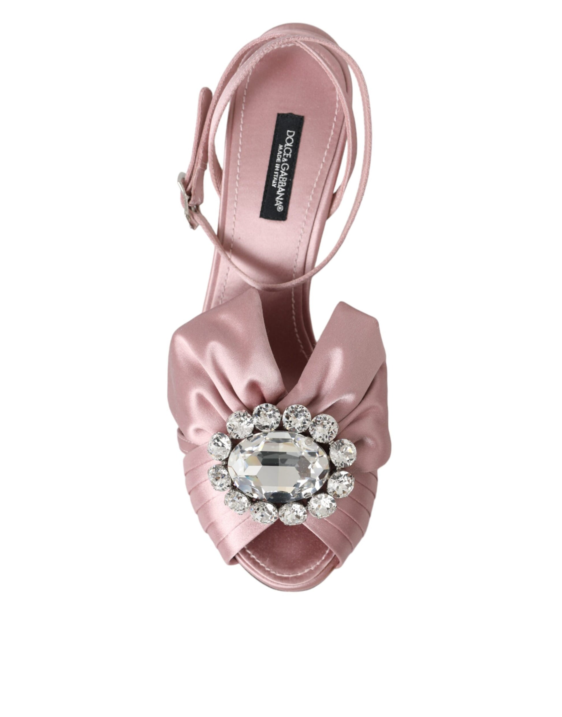 Pink satin shoe with bow and rhinestone embellishment