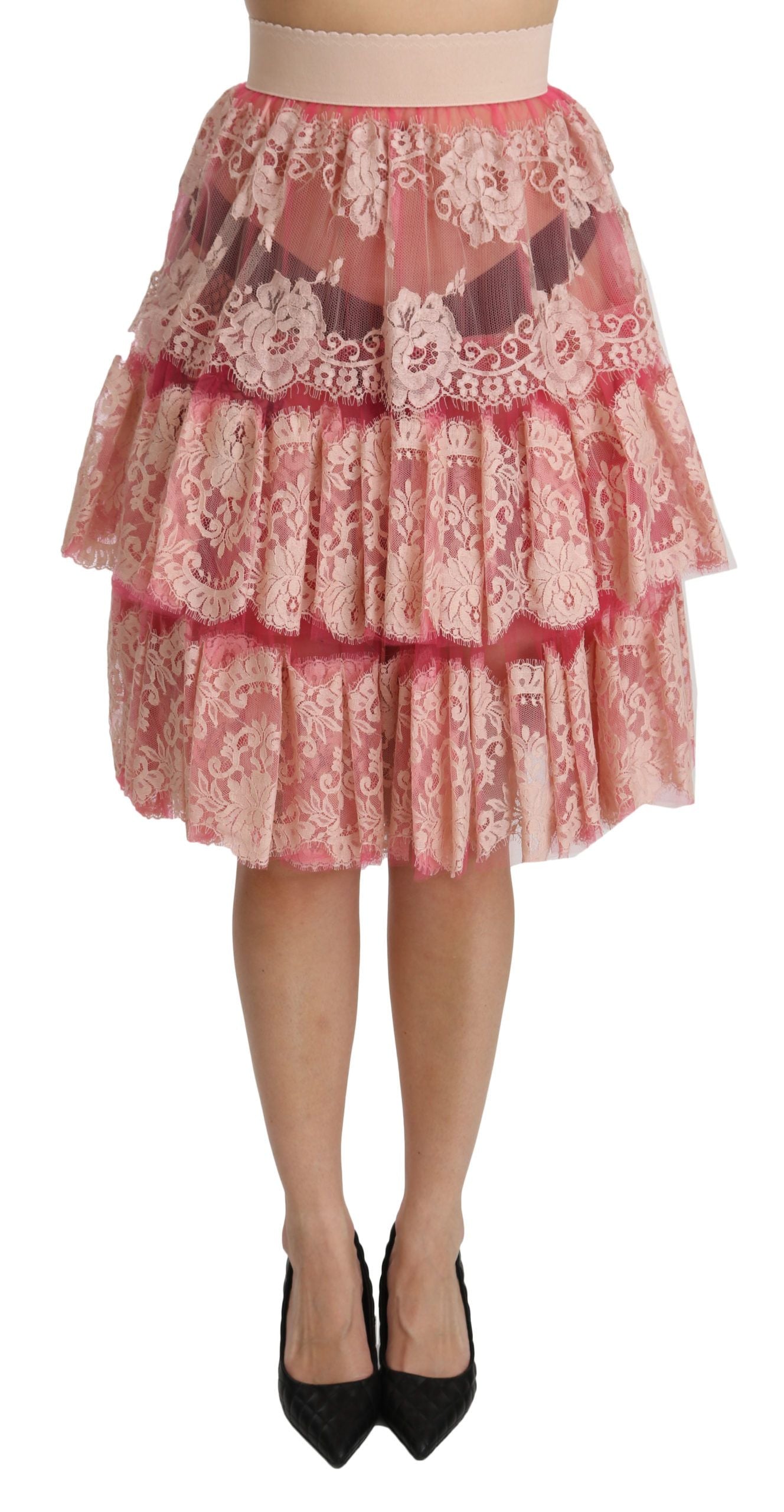 Pink floral skirt with ruffles on waistband