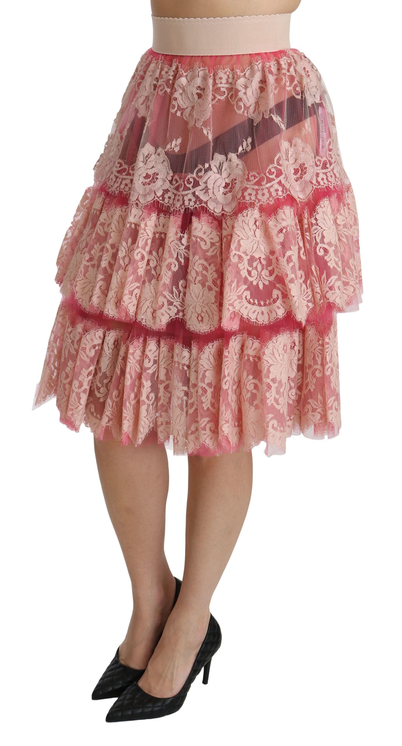 Pink lace skirt with ruffles on hem