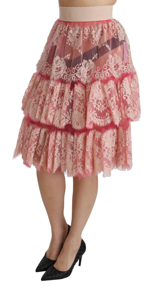 Pink lace skirt with ruffles on hem