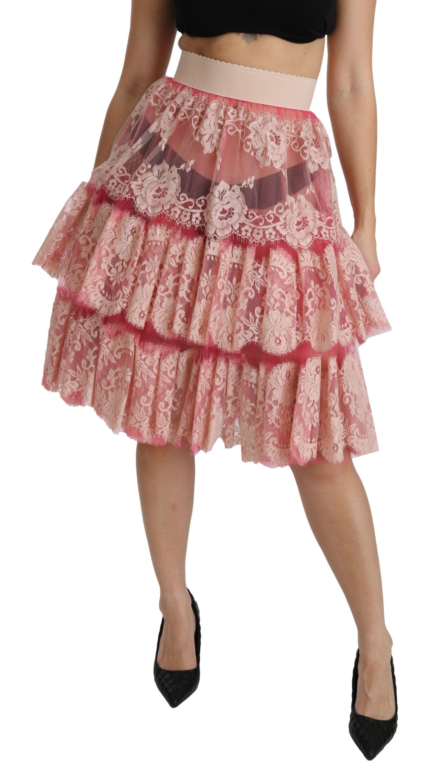 Pink floral skirt with ruffles