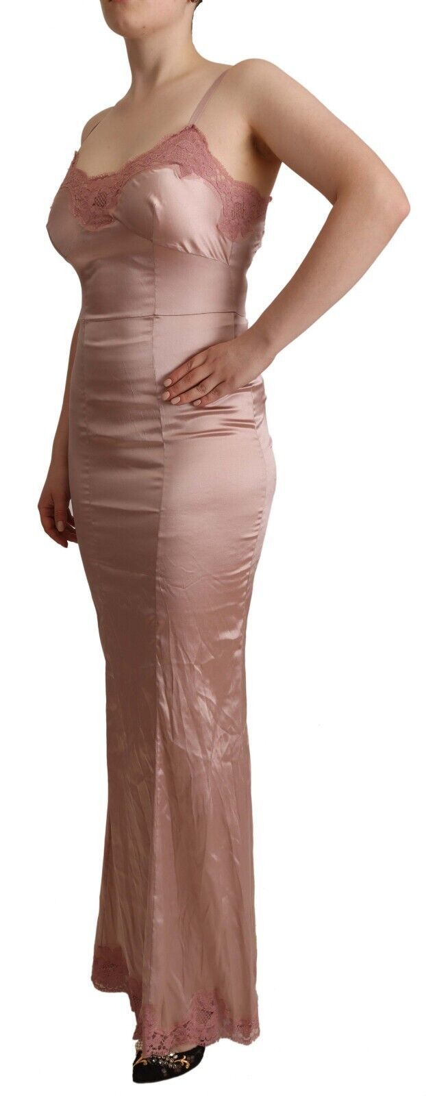 A pink lace long bodycon maxi dress by Dolce & Gabbana