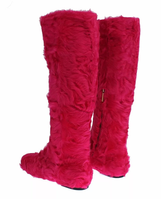 Pair of red furry boots
