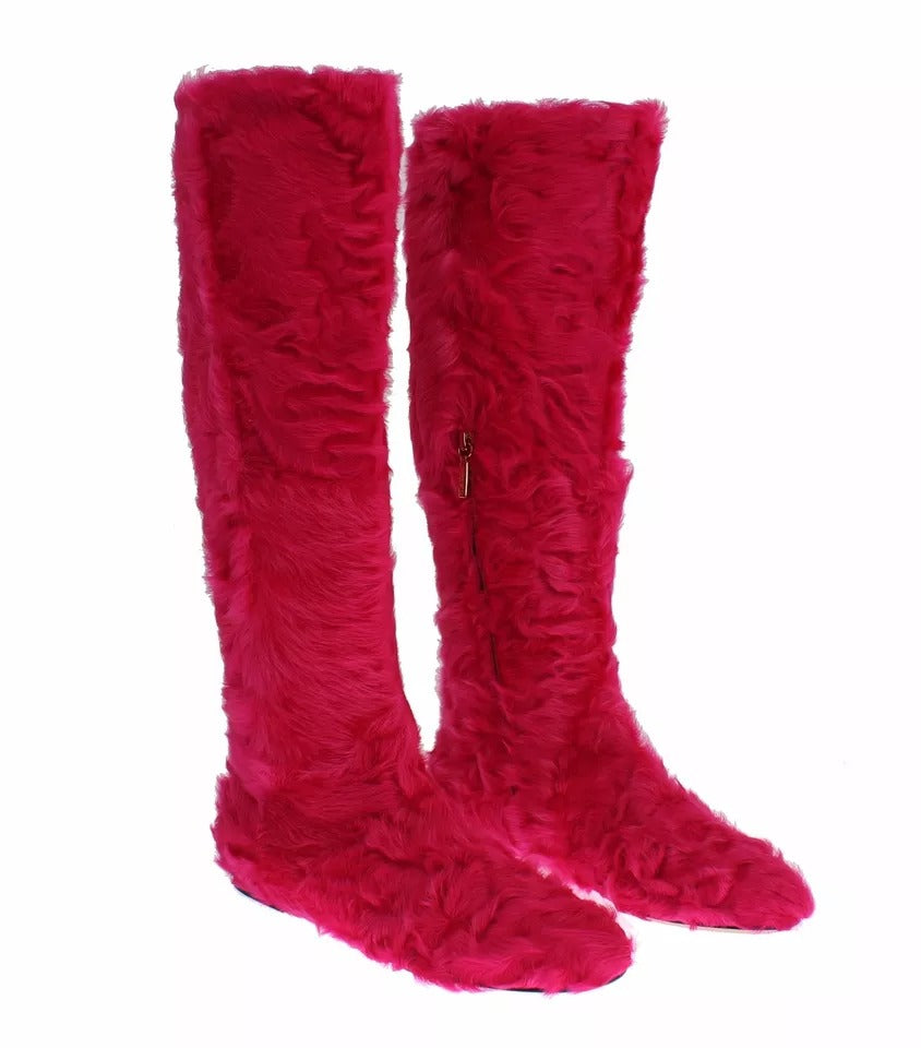 Pair of red furry boots