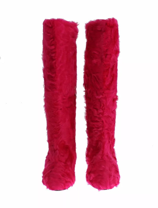 Pair of red furry boots