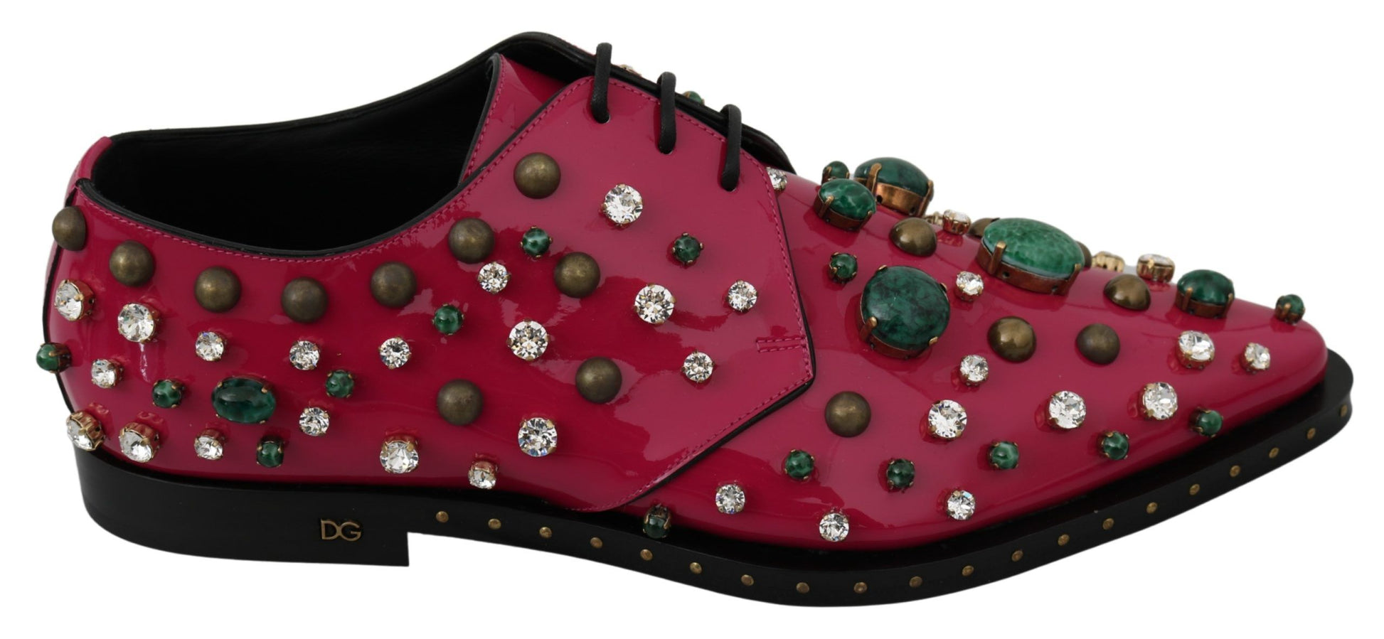 Red shoe with glittery embellishments and a bow on top