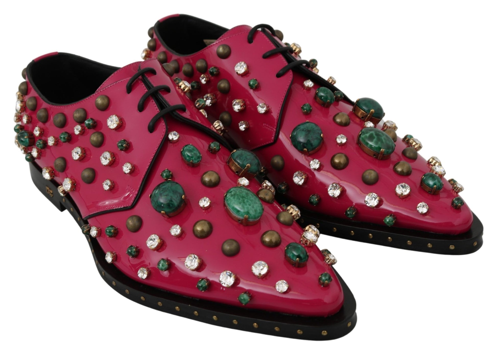 Pair of red shoes with green stones and gold accents