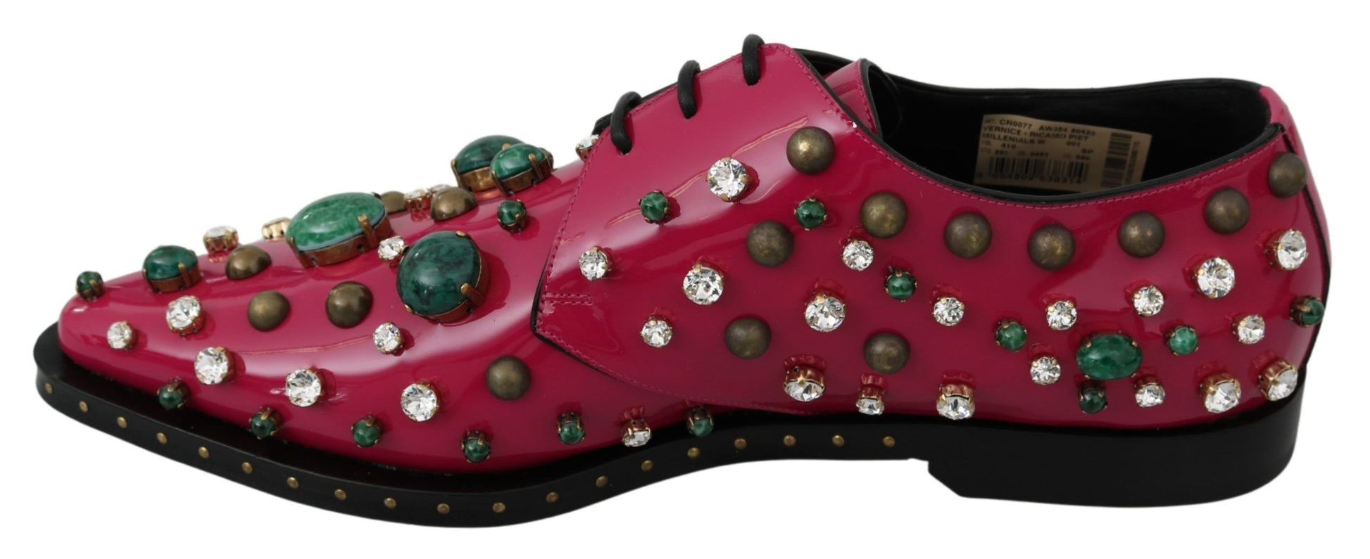 Pair of red shoes with gold and green embellishments