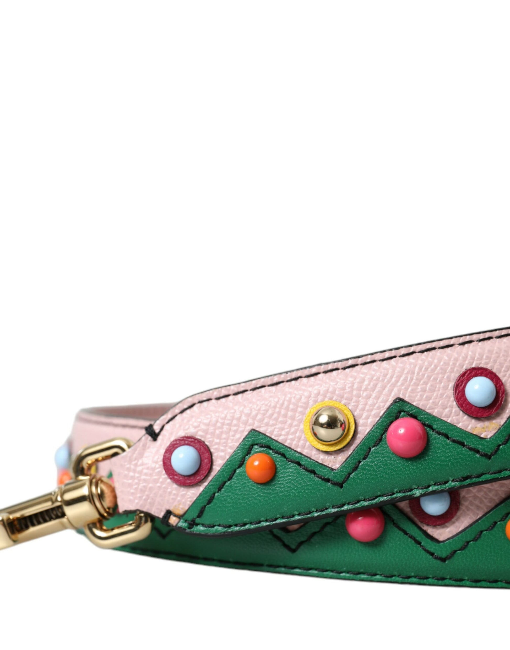 Pink leather dog collar with green trim and colorful beads
