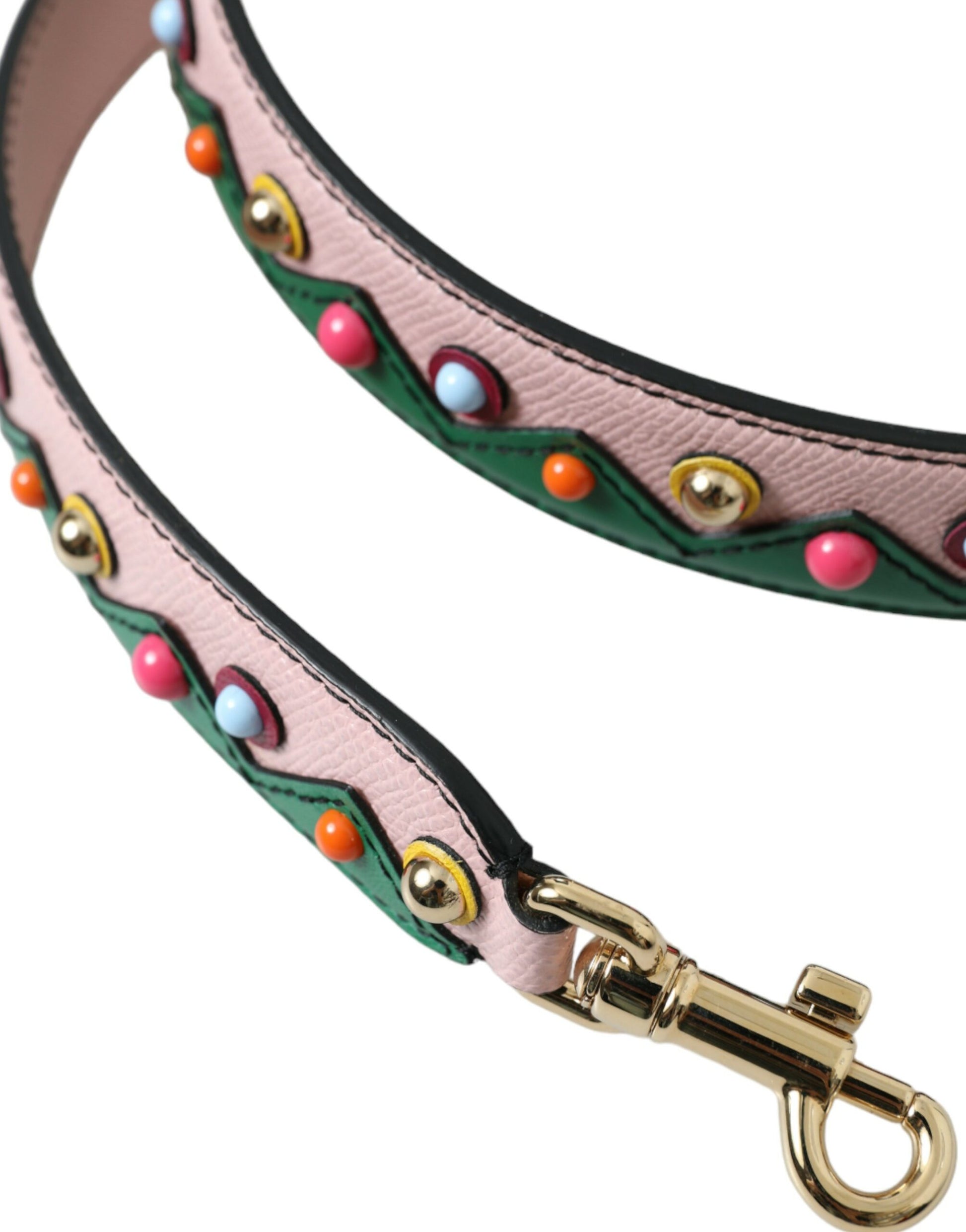 Pink dog collar with green trim and pearl accents