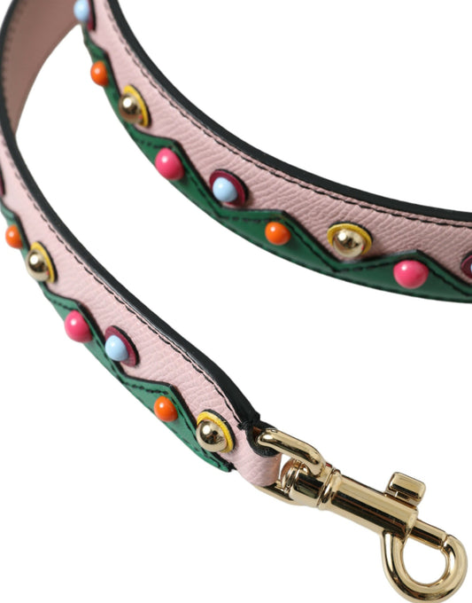 Pink dog collar with green trim and pearl accents