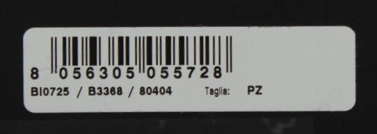 White label on black background with barcode and serial number