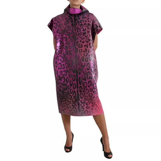 A pink leopard print midi dress with a polyester fabric