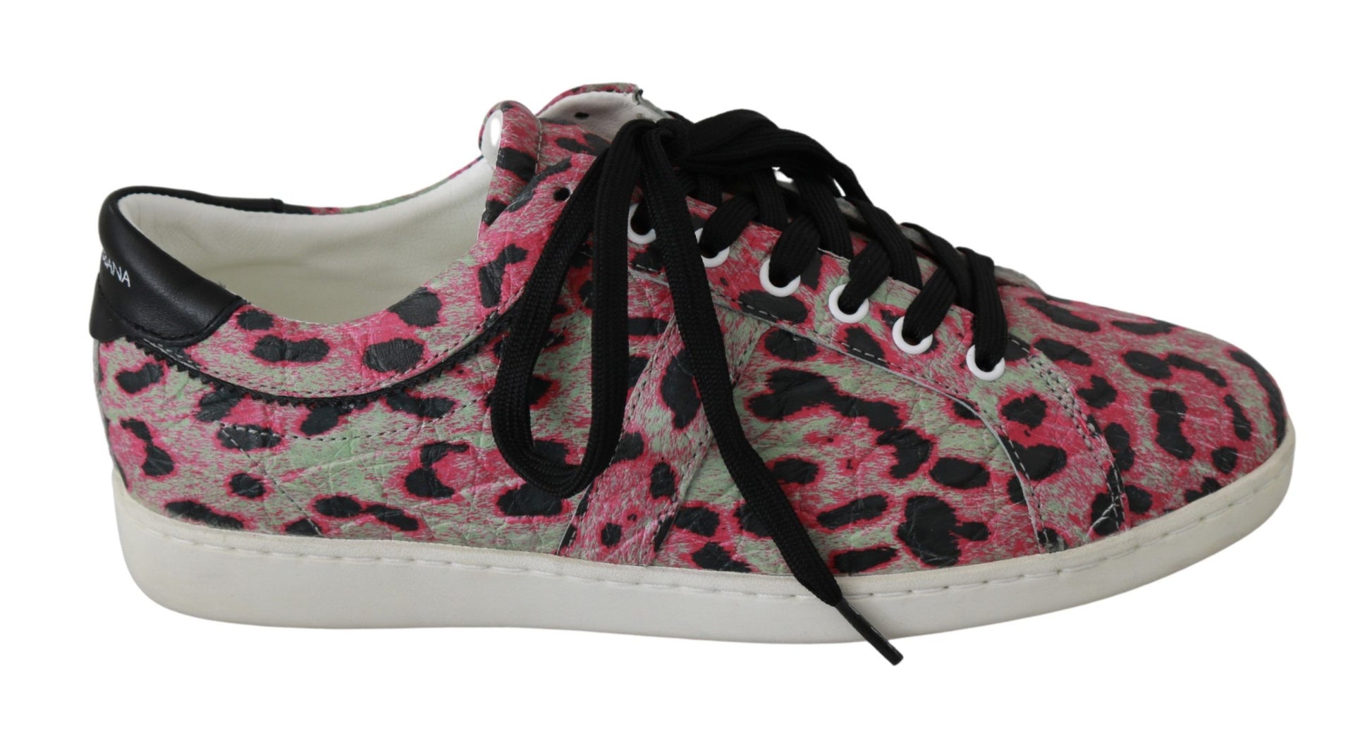 Pink and black sneakers with laces