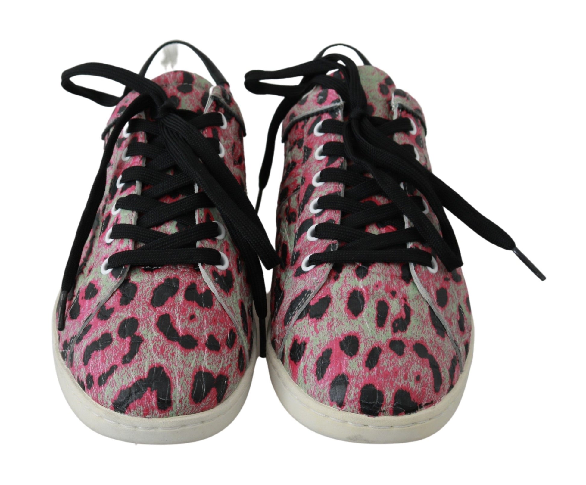 Pair of pink and black baby shoes with laces