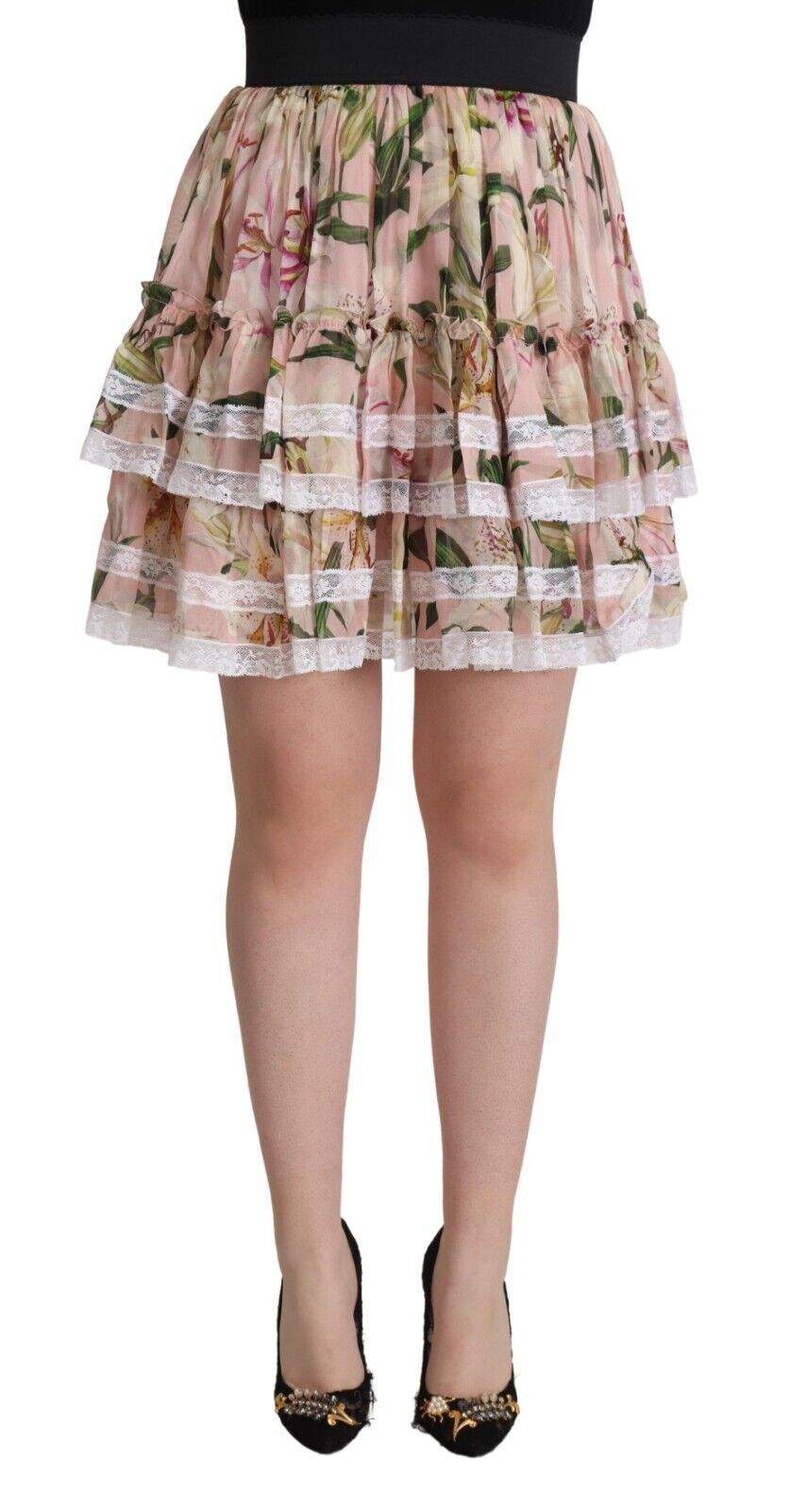 Pink floral skirt with lace trim