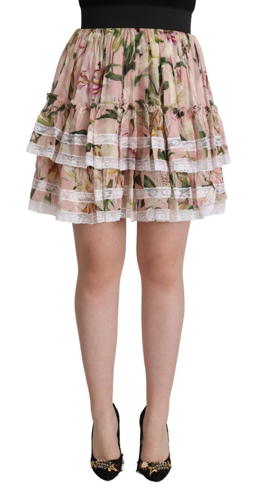 Pink floral skirt with lace trim
