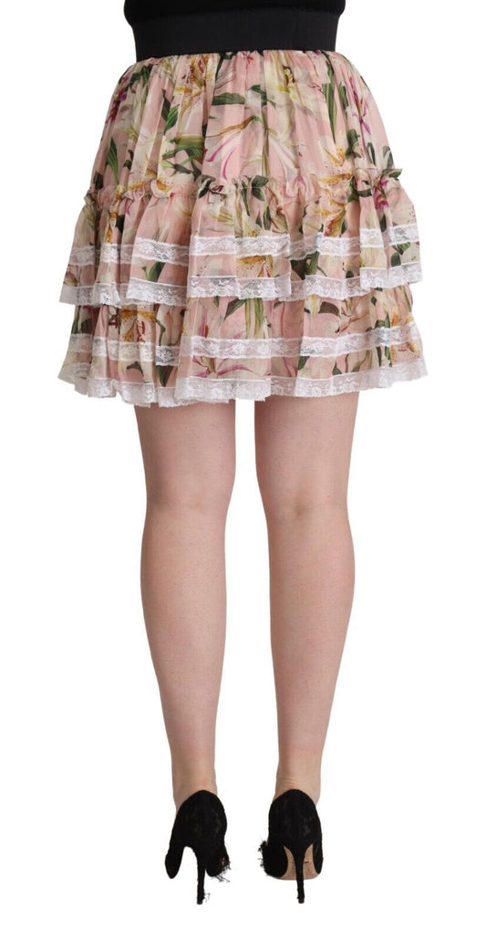 Short skirt with floral pattern and lace trim
