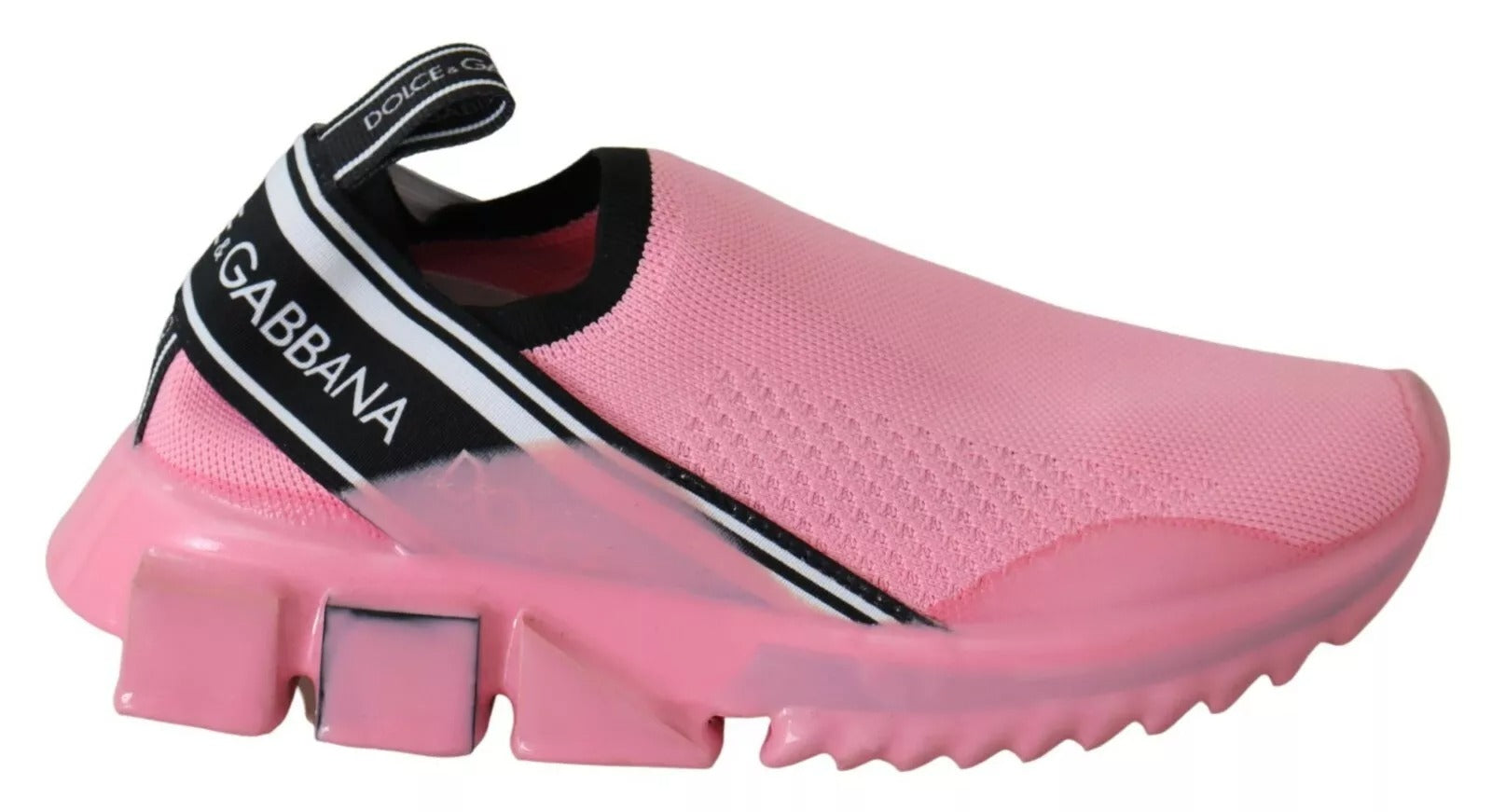 Pink athletic shoe with white stripes