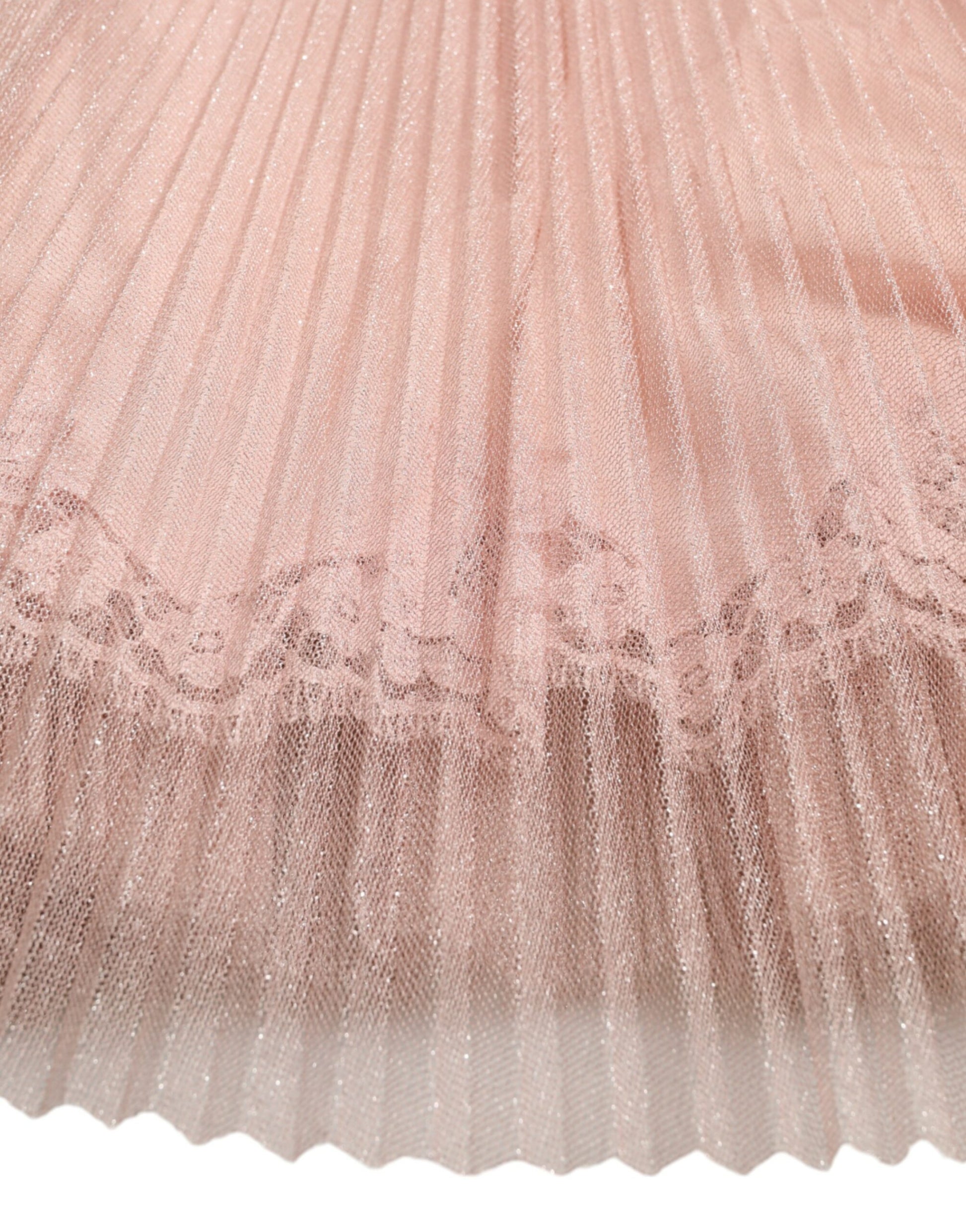 A pink one shoulder pleated lame tulle dress with lace detailing