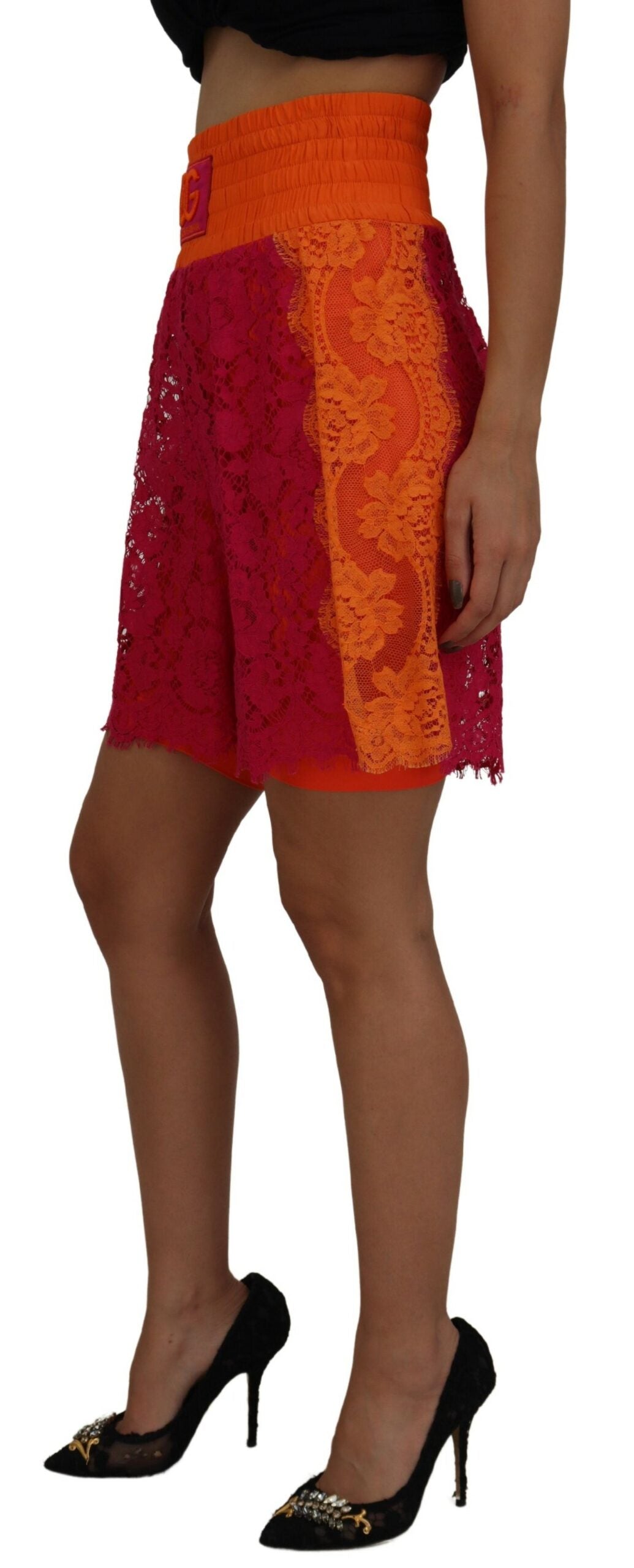 Woman wearing a red skirt with lace detailing