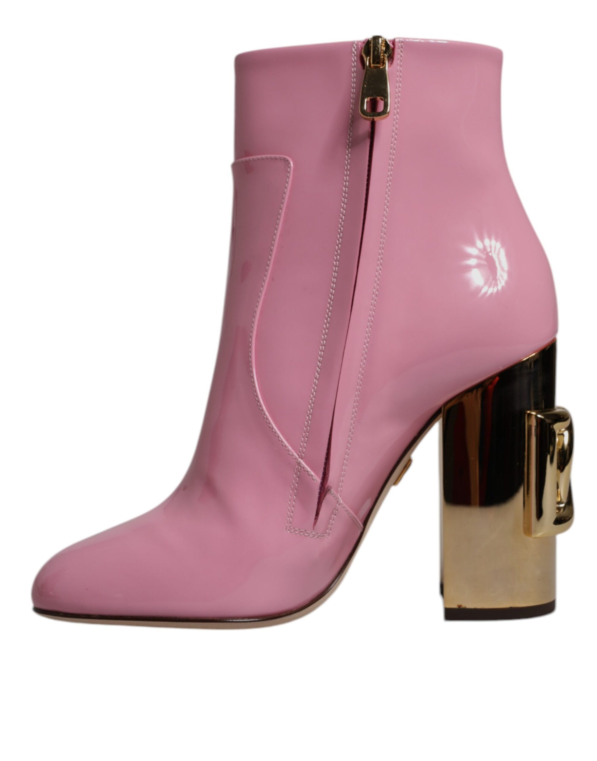 Pink suede knee high boot with gold buckle