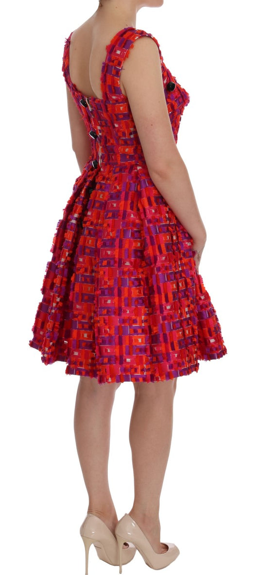 Red dress with short sleeves and a high neckline