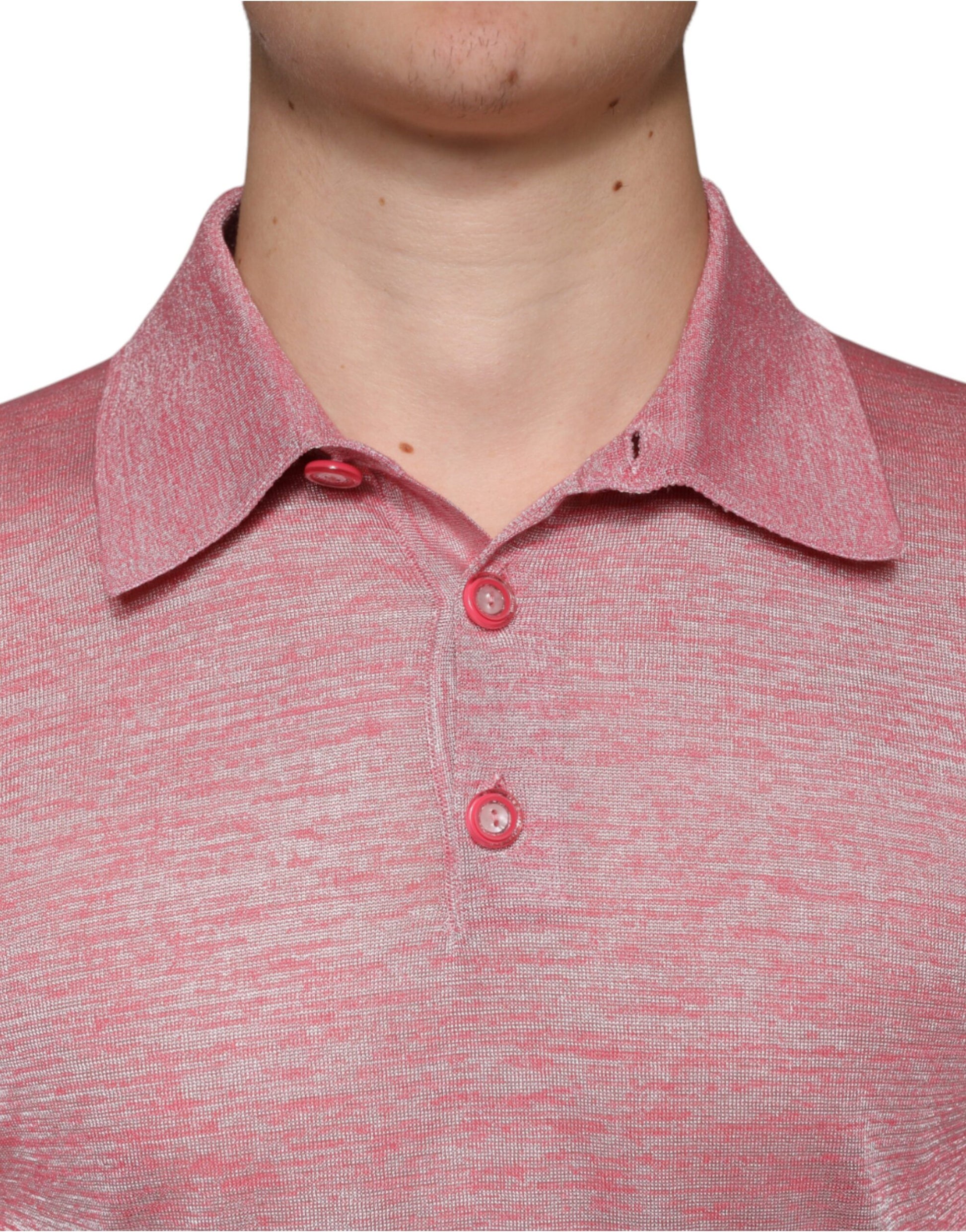 Mannequin wearing red polo shirt with two buttons