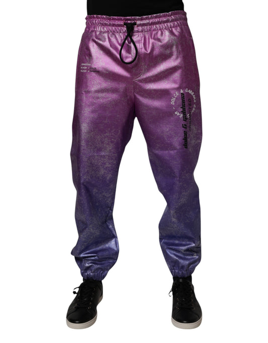 Purple pants with white writing on side