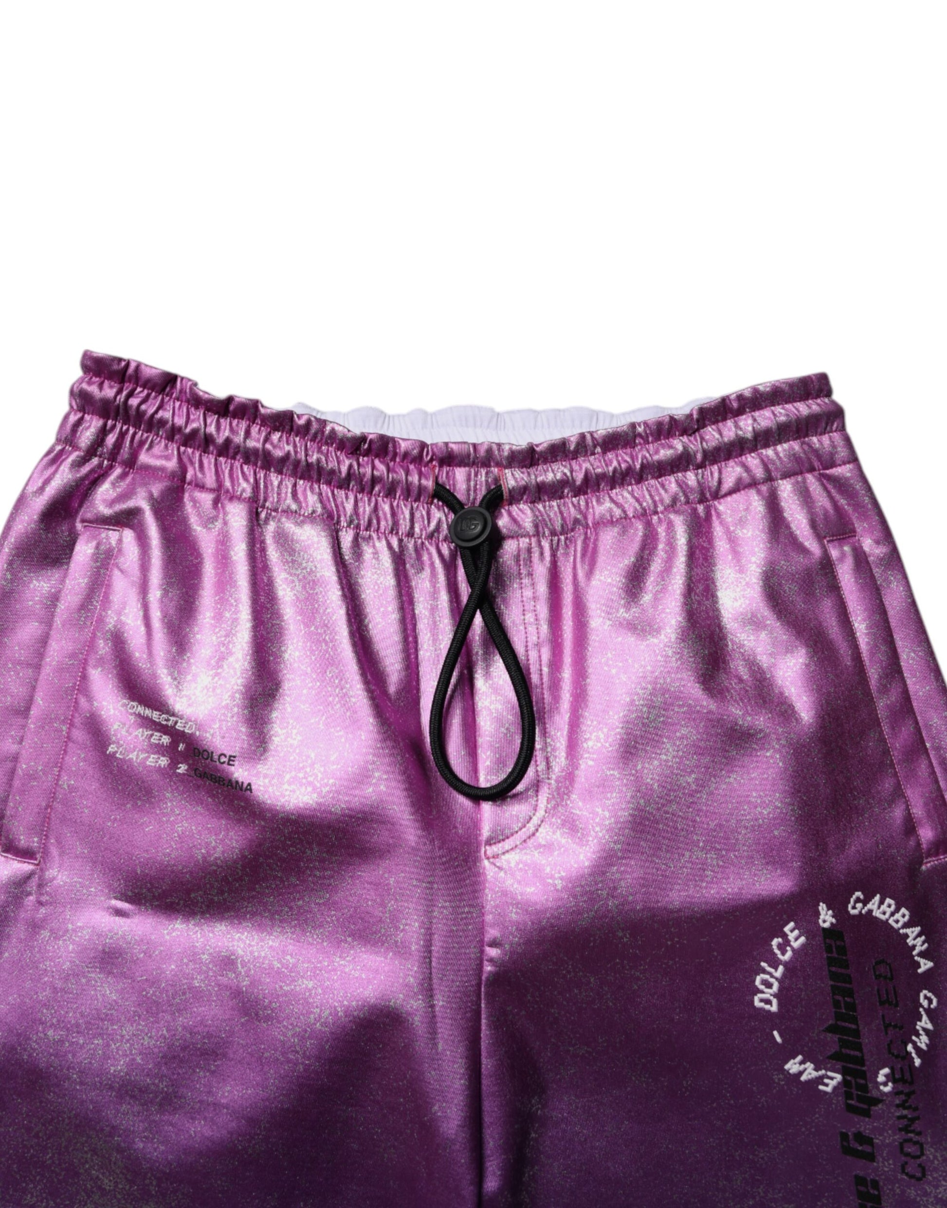 Purple athletic shorts with black drawstring