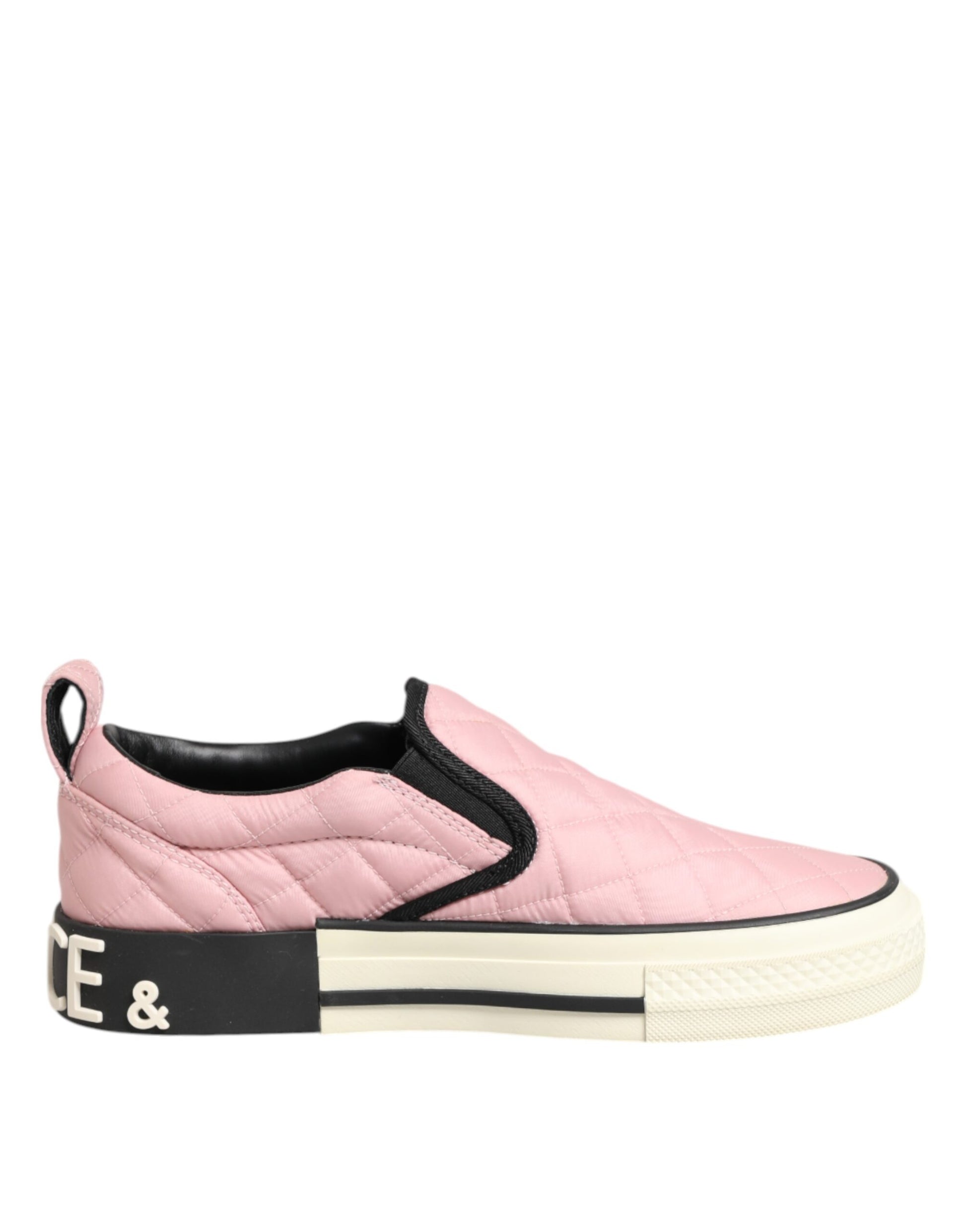 Pink quilted nylon slip-on shoes with black laces and logo