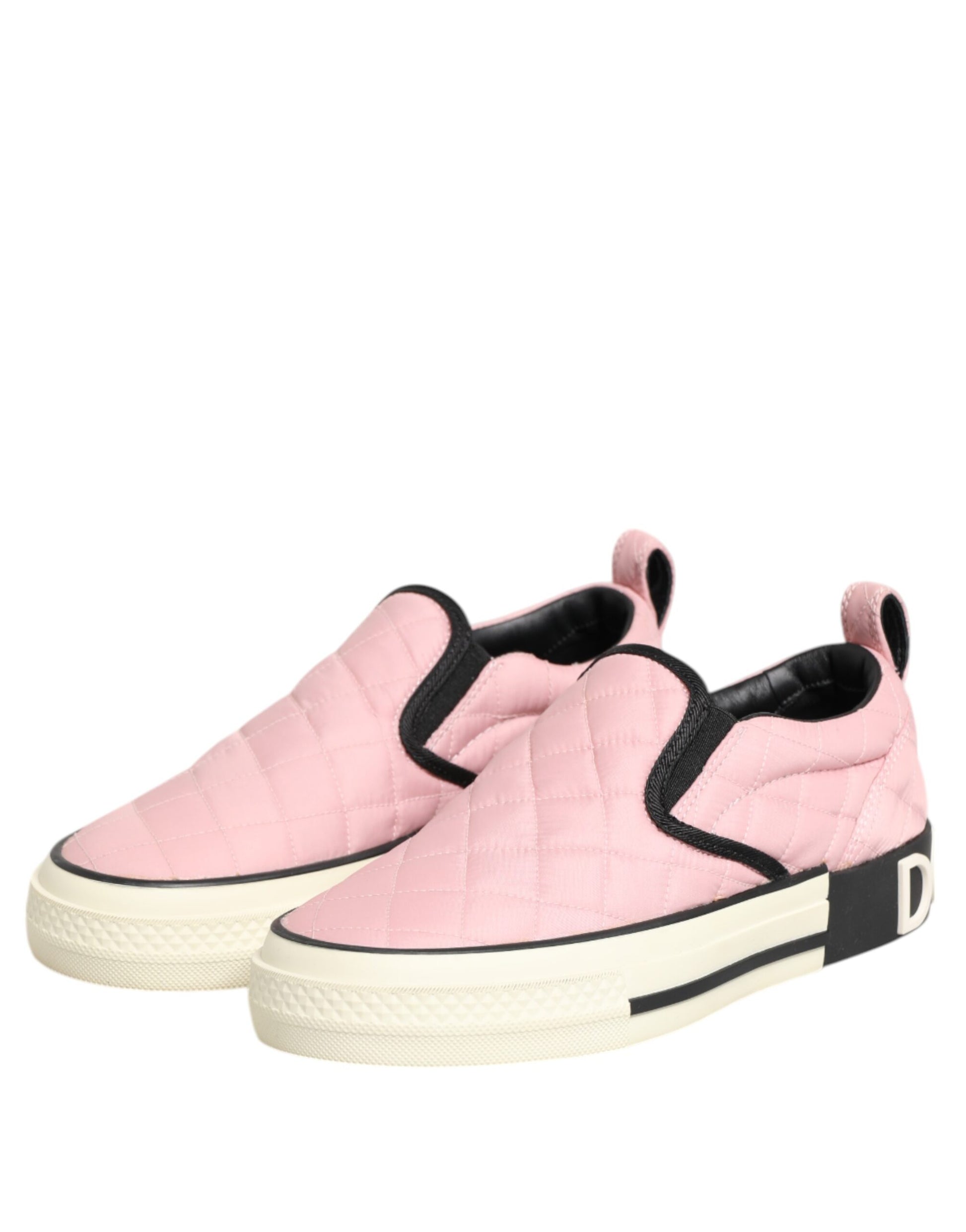 Pink quilted nylon slip-on shoes with black laces