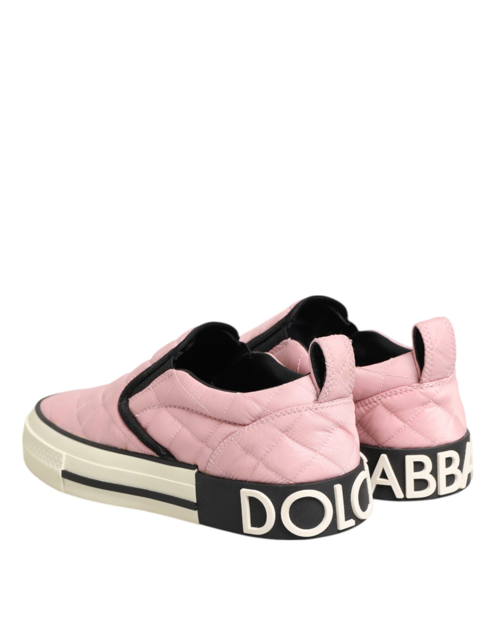 Pink quilted nylon slip-on shoes with black laces and logo
