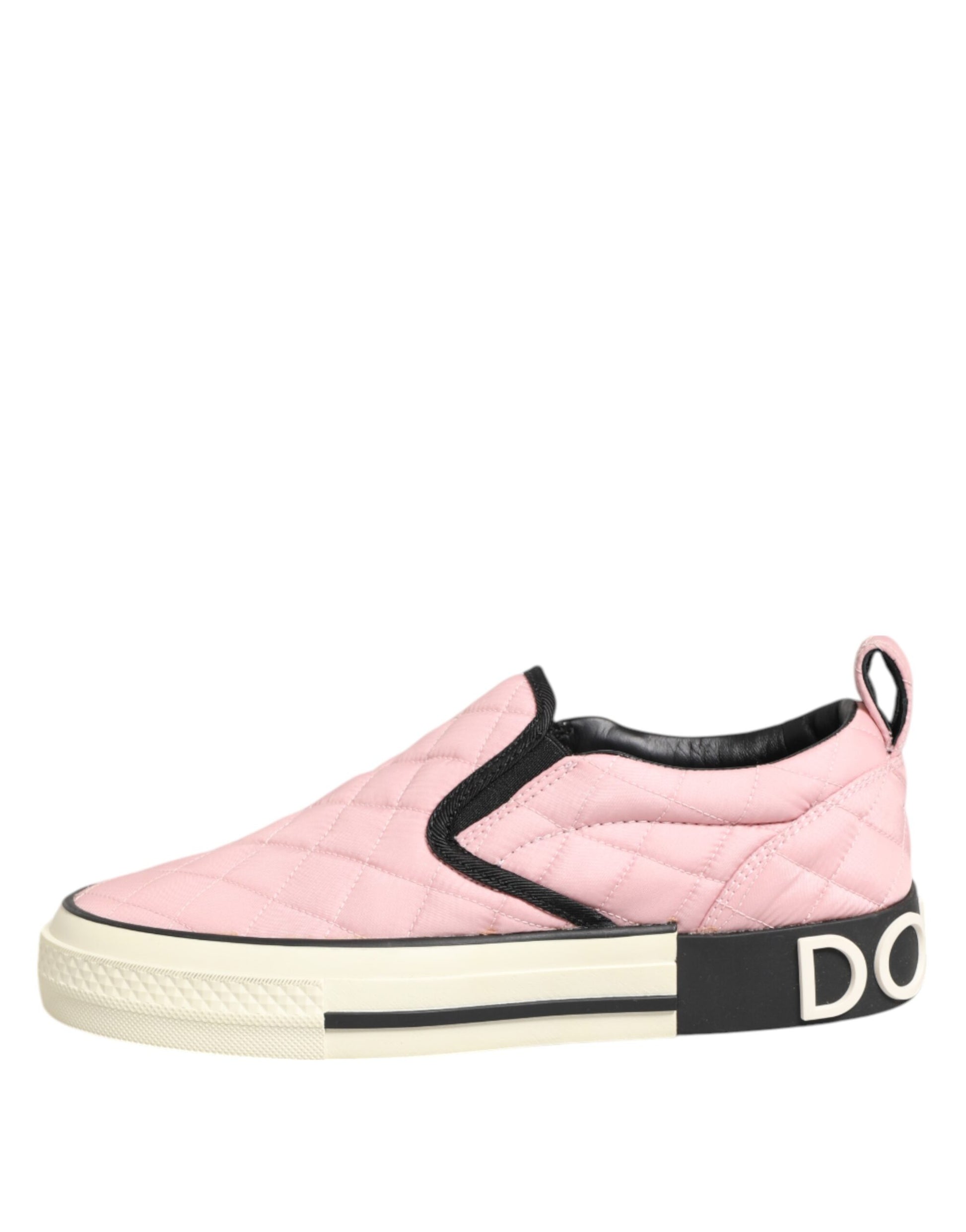 Pink quilted nylon slip-on sneakers with black laces and white soles