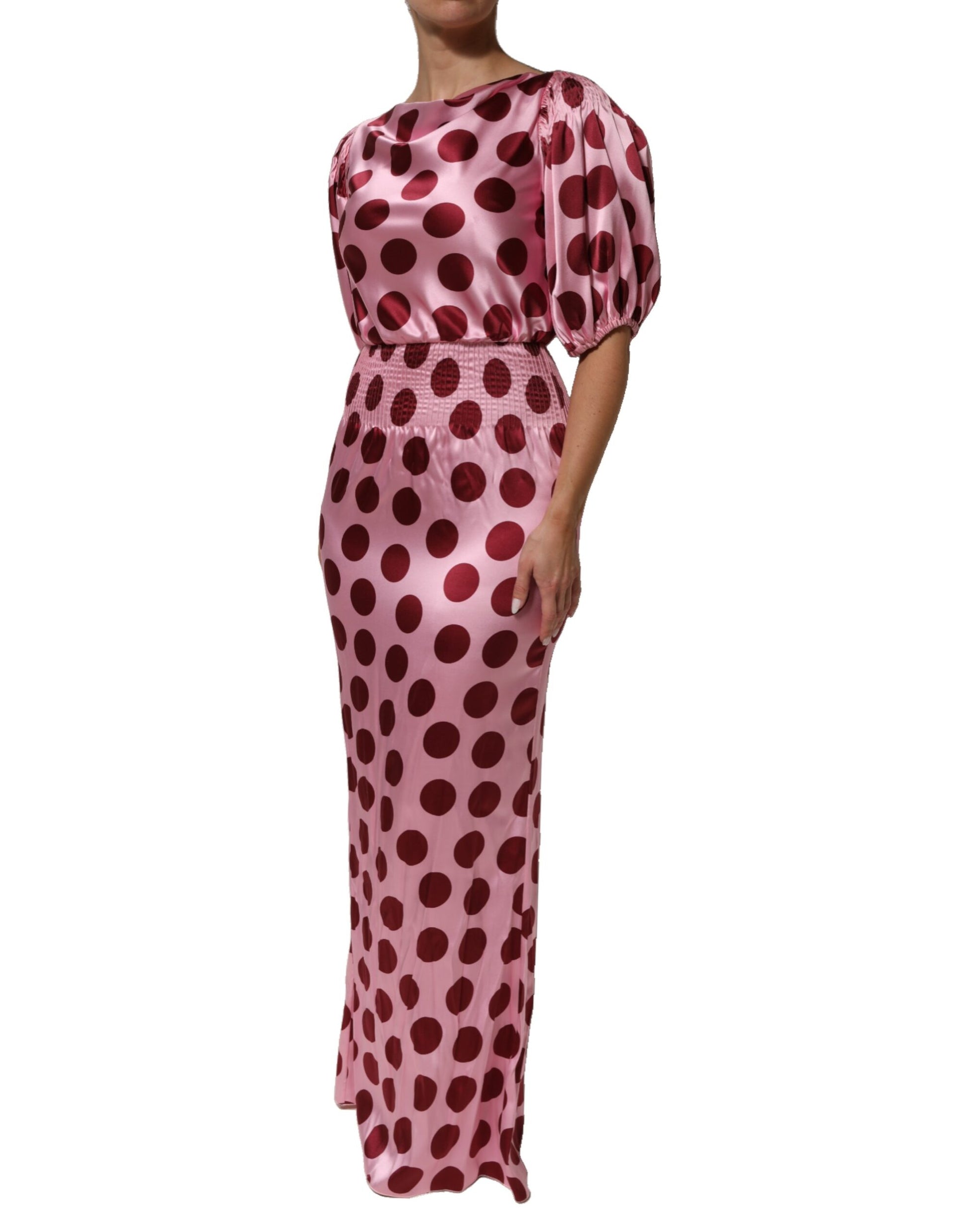 A pink red polka dot silk satin maxi gown dress