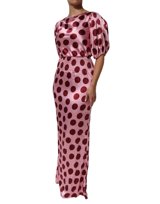 A pink red polka dot silk satin maxi gown dress