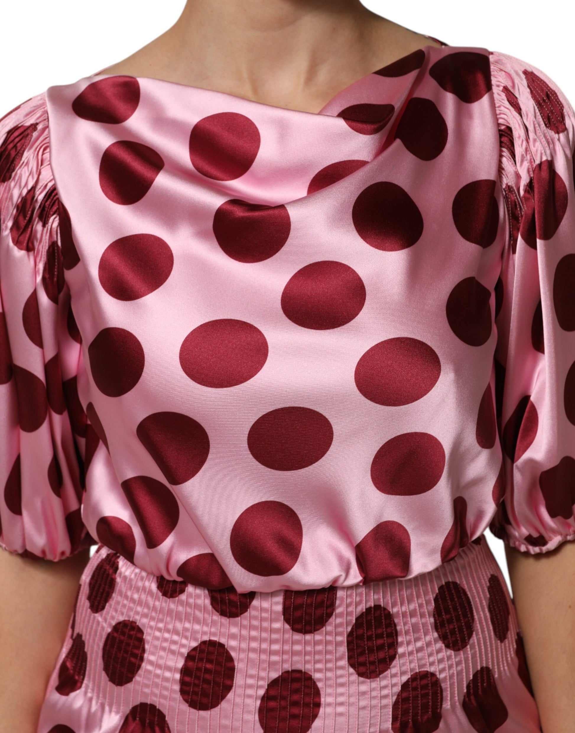 A pink and red polka dot silk satin maxi gown dress