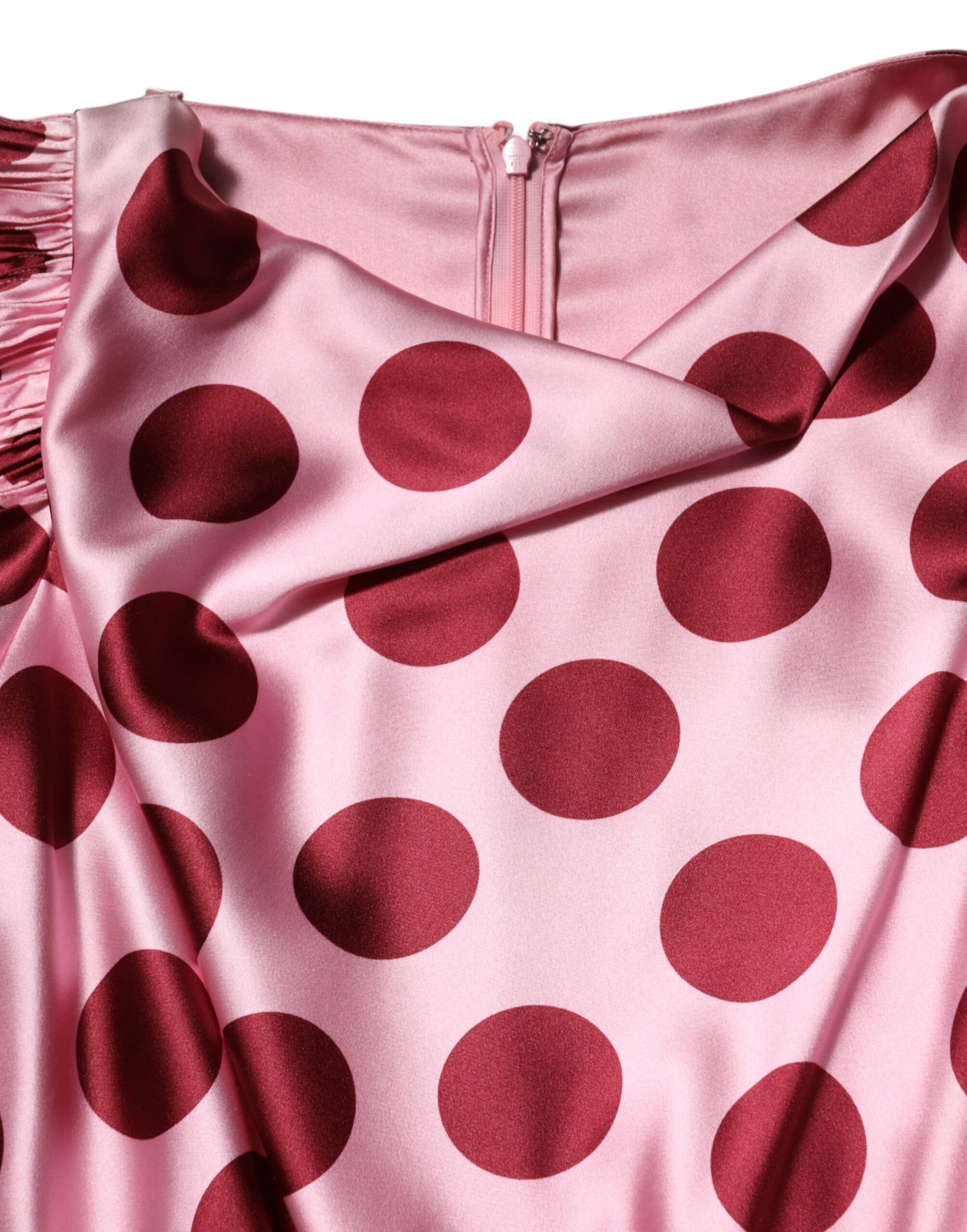 A pink red polka dot silk satin maxi gown dress