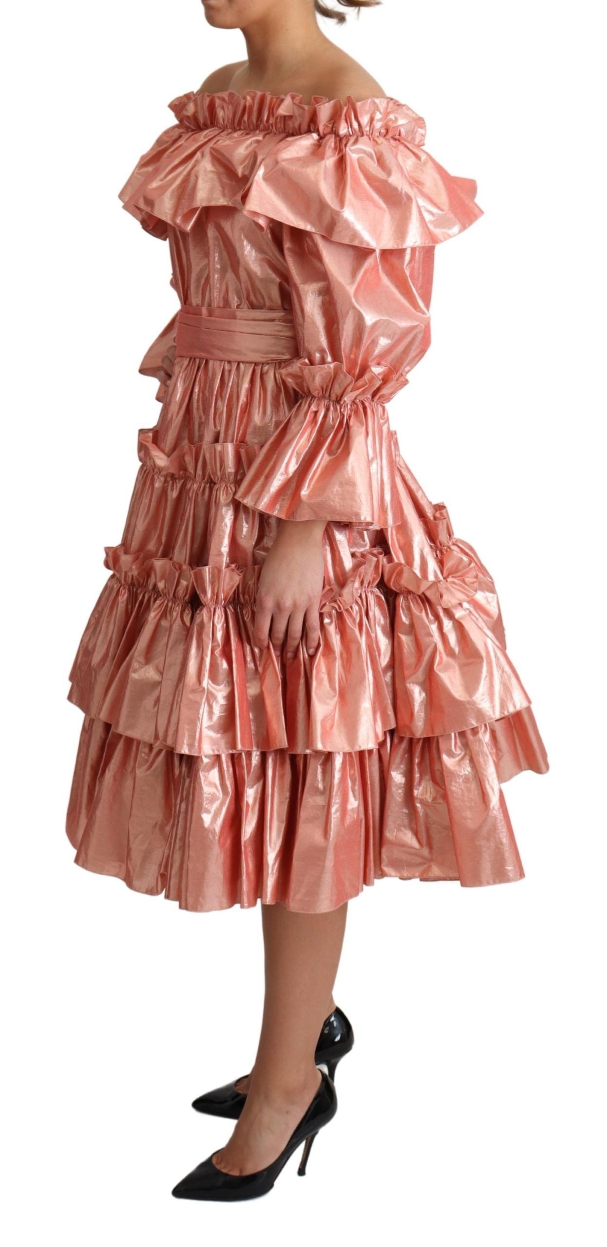 A pink ruffled dress with silk and cotton fabric, designed by Dolce & Gabbana