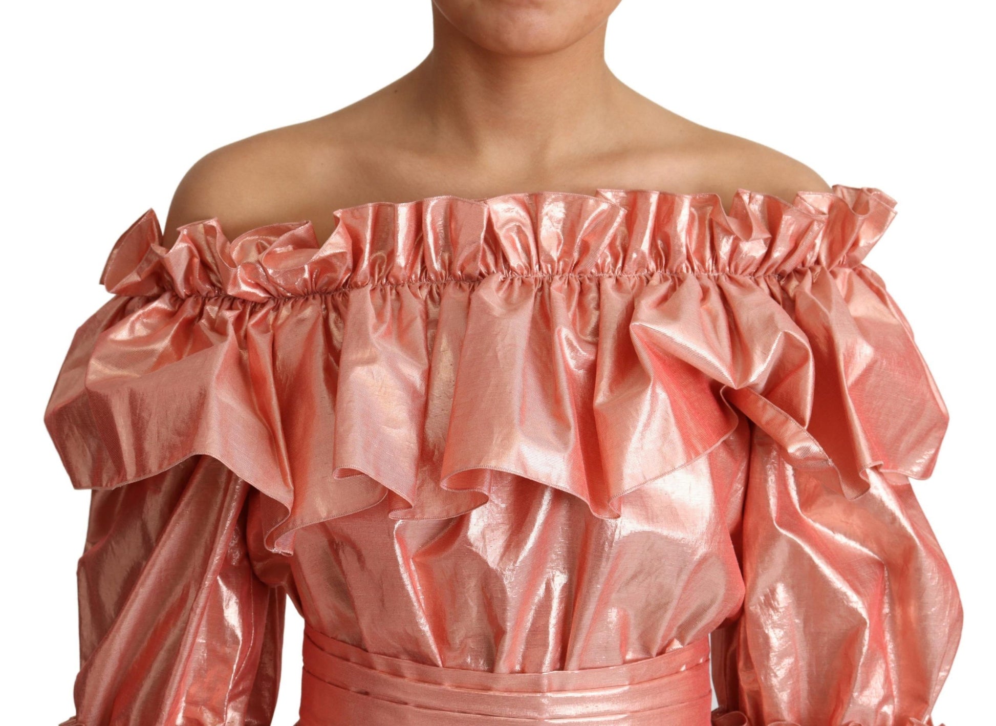 A pink ruffled dress with a silky and cotton blend fabric