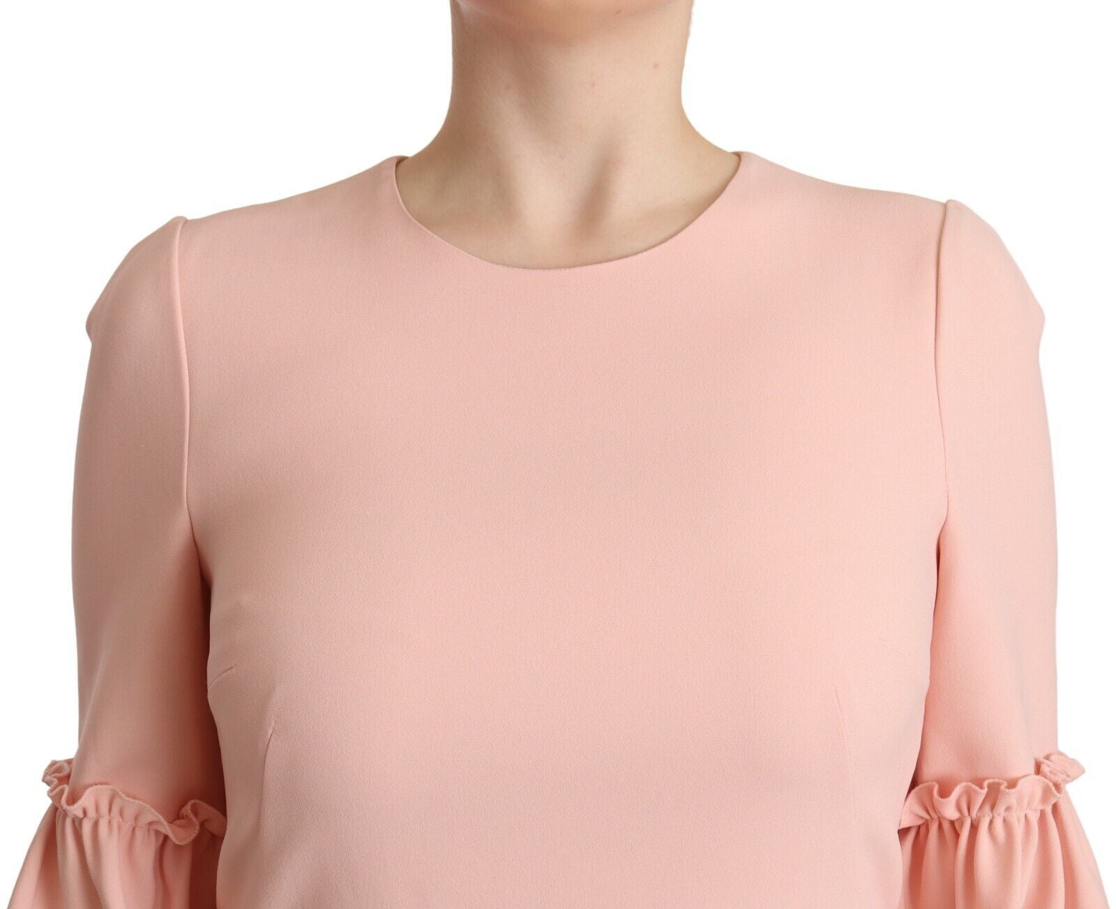 A pink ruffled sleeve dress with a viscose material