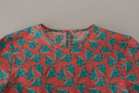 Red shirt with blue triangles pattern