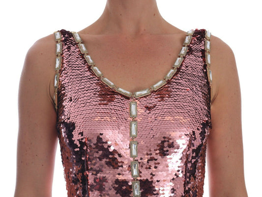 A pink sequined sheath dress with crystal embellishments, featuring a V-neckline and short sleeves