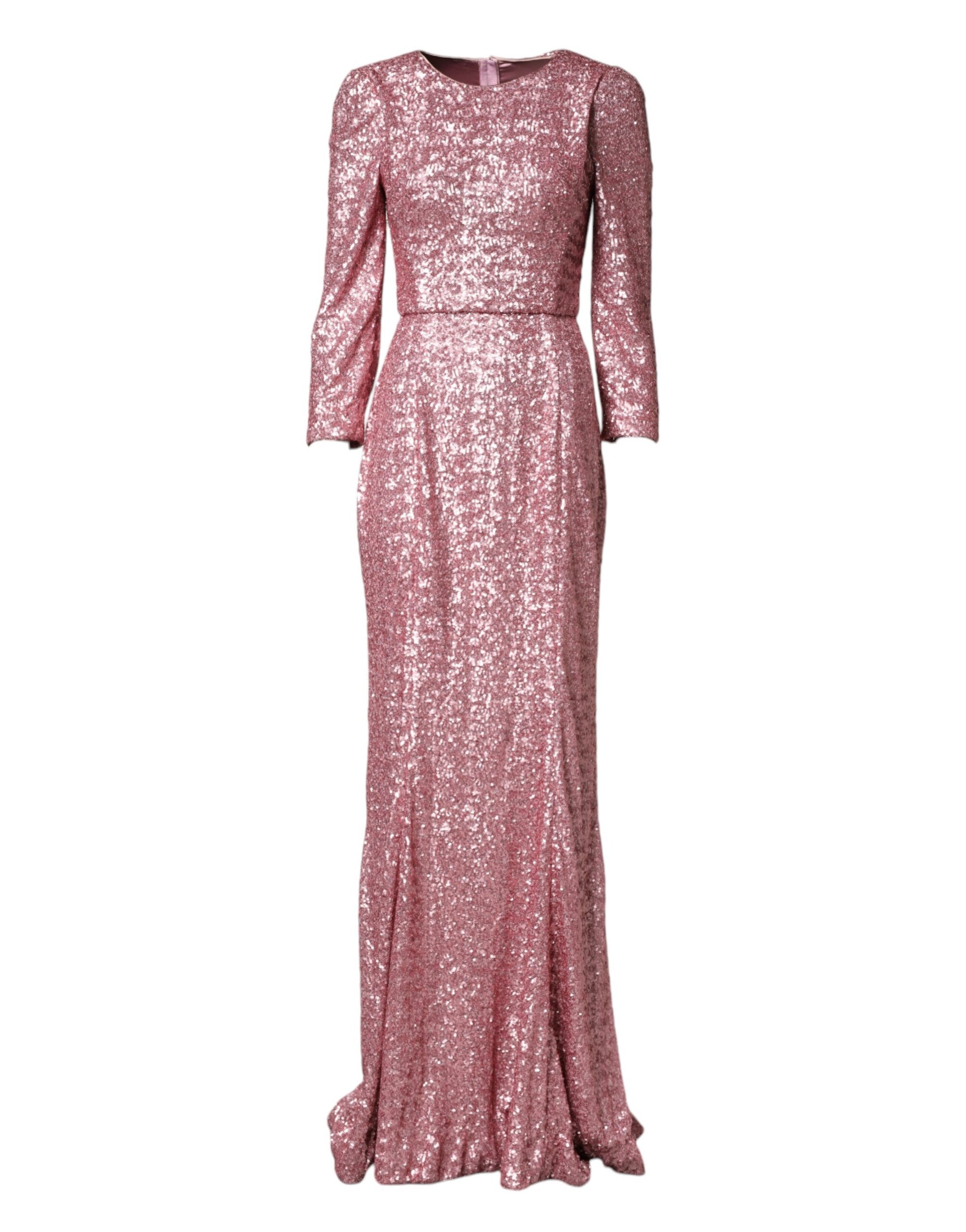 A long pink sequined mermaid dress with a high neckline and sleeves