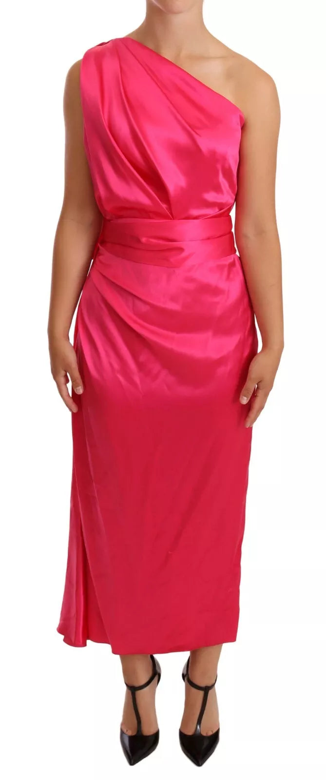 Red strapless dress with ruched bodice and flowing skirt