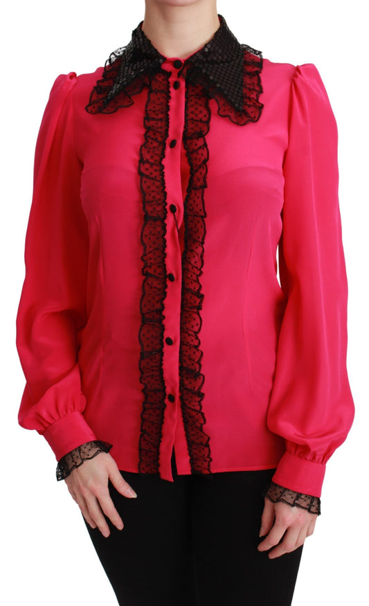 Woman wearing red lace shirt with puffy sleeves