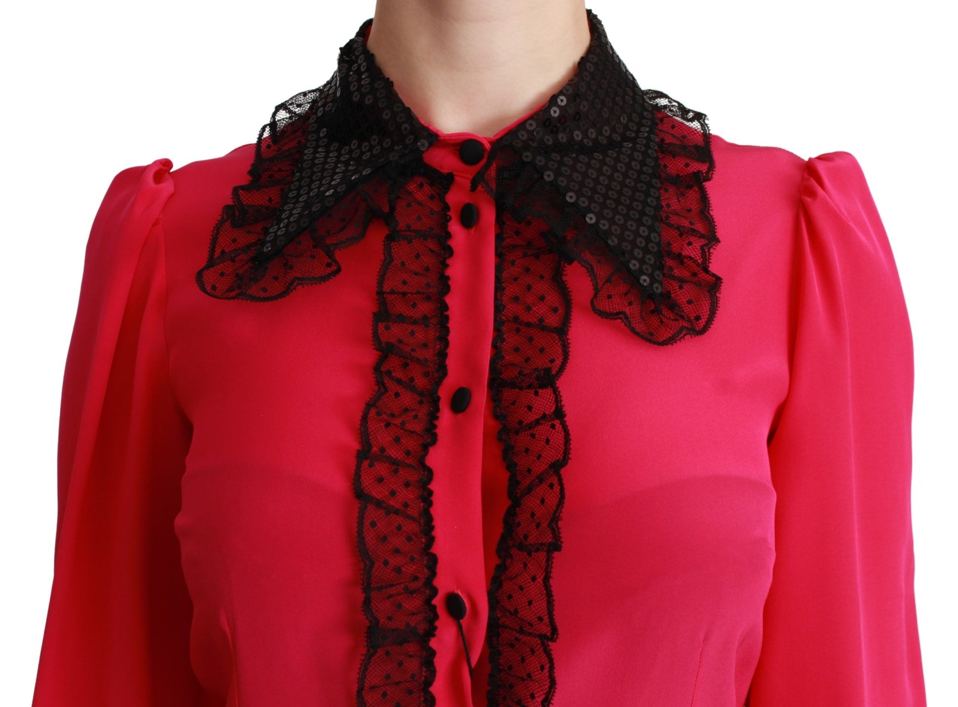 Red lace blouse with black trim