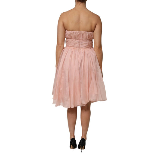 Pink silk chiffon midi dress with pleats and ruched waist